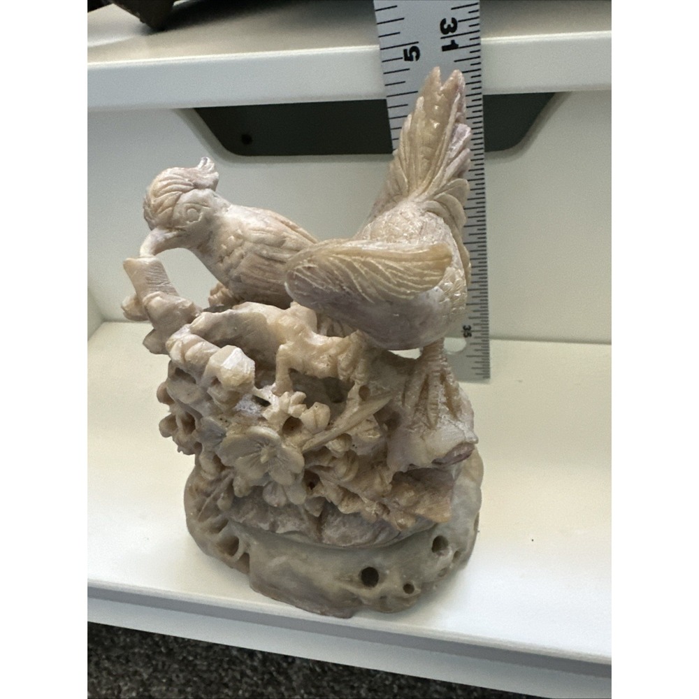 VINTAGE ANTIQUE HAND CARVED BIRD FLORAL SOAPSTONE FIGURINE
